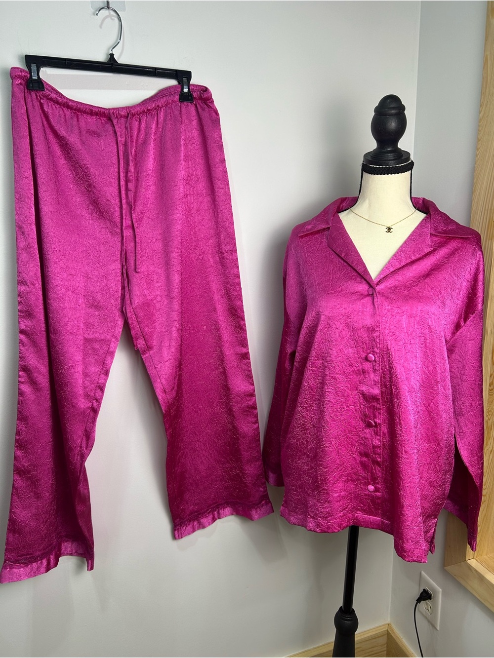 Liz Banks Satin Button-Front Pajama Set in Fuchsia With Lace Detailing